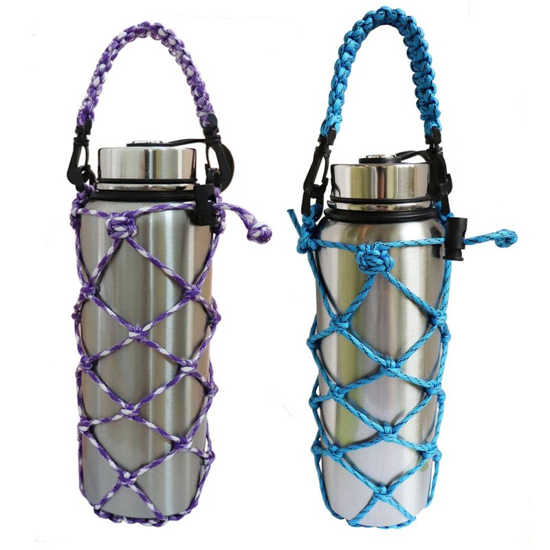 VSPORTS Paracord Water Bottle Trumble Carrier Sleeve Mesh Net Pouch Bag Sling with Handle for Carrying 18 24 32 40 oz Hydro Flask Stainless Steel Plastic Tumbler for Hiking Outdoor Sports - 2 Pack