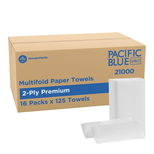 Pacific Blue Select by Georgia-Pacific PRO Multifold Premium 2-Ply Paper Towels, White, 3.2” Folded Width, 125 Towels Per Pack, 16 Packs Per Case, 21000