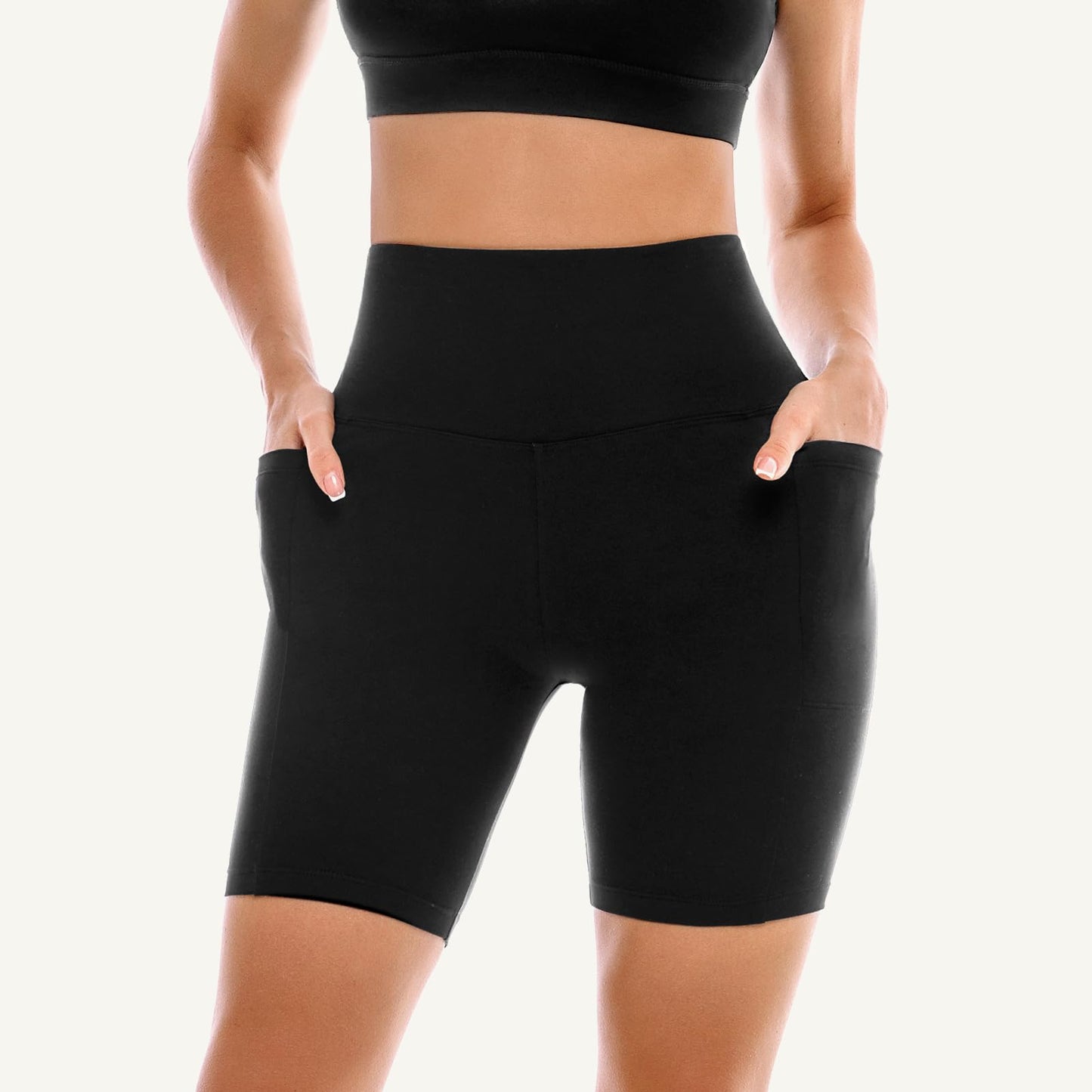 Leafigure 2 Pack Womens Biker Shorts with Pockets, High Waisted Tummy Control Yoga Shorts for Women Running Gym and Workout Black/Light Purple L-XL