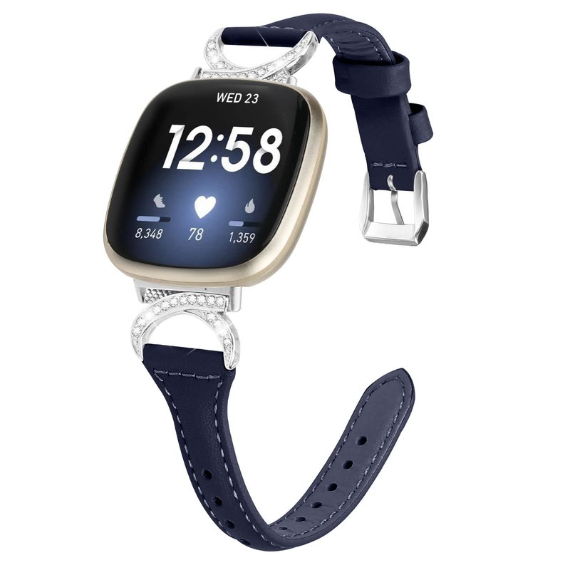 FitTurn Compatible with Fitbit Sense 2/Fitbit Versa 4 3 Bands for Women Men, Soft Genuine Leather Band Slim Strap Replacement Accessory Wristband + Metal rhinestone Adapter (Blue)