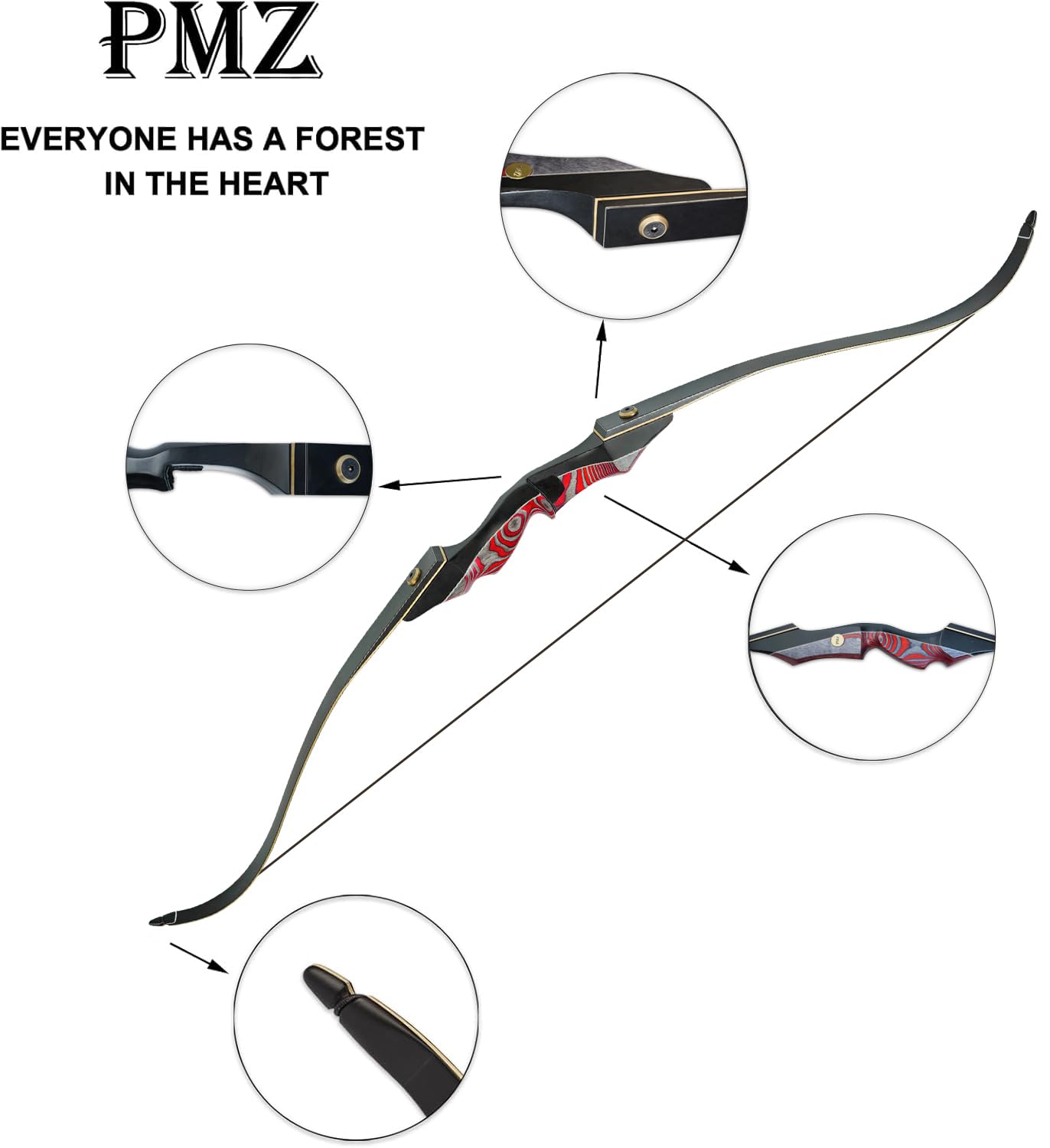 PMZ Recurve Bow and Arrow, Newset Professional Aldults Archery Hunting Bow, 60'' Wooden Takedown Bow, for Youth Beginners to Advanced Outdoor Practice & Hunting, Right Hand, 20 lbs