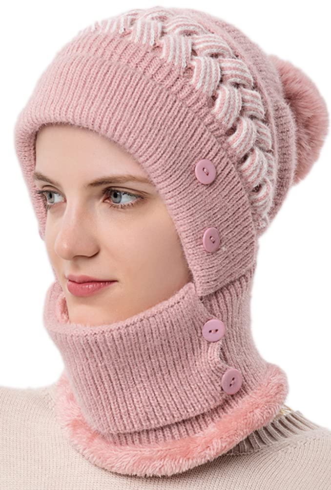 Women One Piece Slouchy Fleece Beanie Hats Scarf Mask Warm Winter Knitted Hat Thick Skull Ski Cap