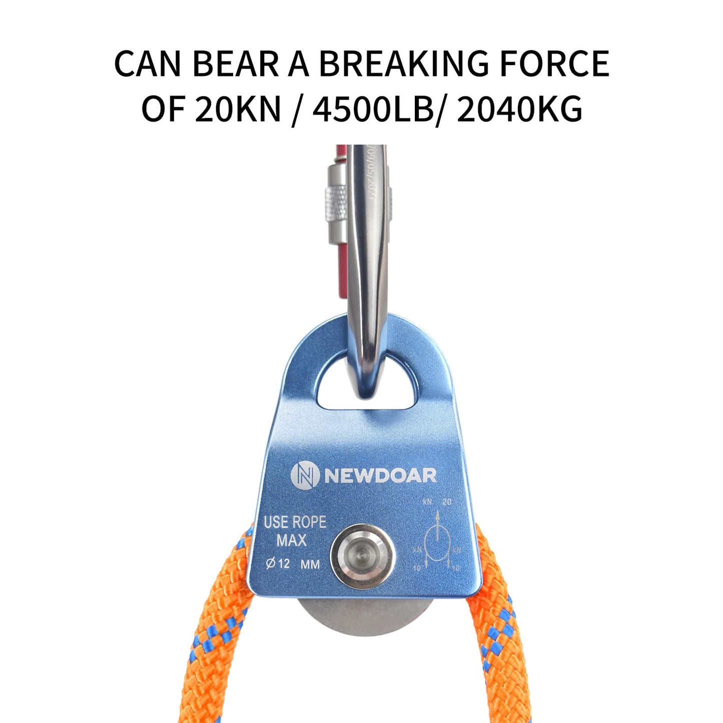 NewDoar Micro Mobile Single Pulley,20kN(4500 lb) Max Rope 1/2in for Rigging Arborist Climbing Rescue,CE Certified(20KN Blue 2pcs)