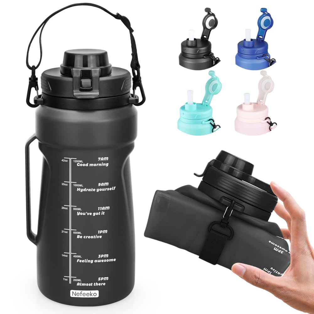 Nefeeko Collapsible Water Bottles, 1.5L Reusable Collapsible Water Bottle for Travel Leakproof, BPA Free Foldable Silicone Water Bottles with Straw for Traveling Sport Gym Camping Hiking