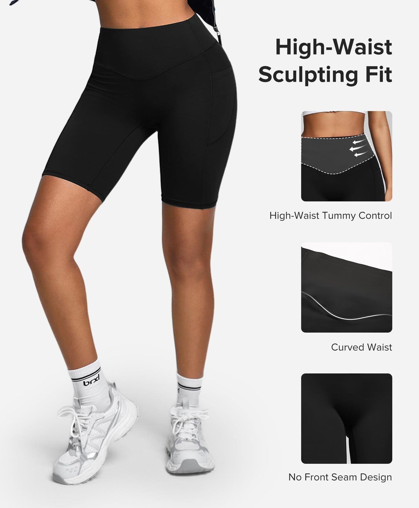 BRXL BrxlZero Biker Shorts Women Pockets 8" No Front Seam High Waisted Compression Workout Tummy Control Running Yoga Black S
