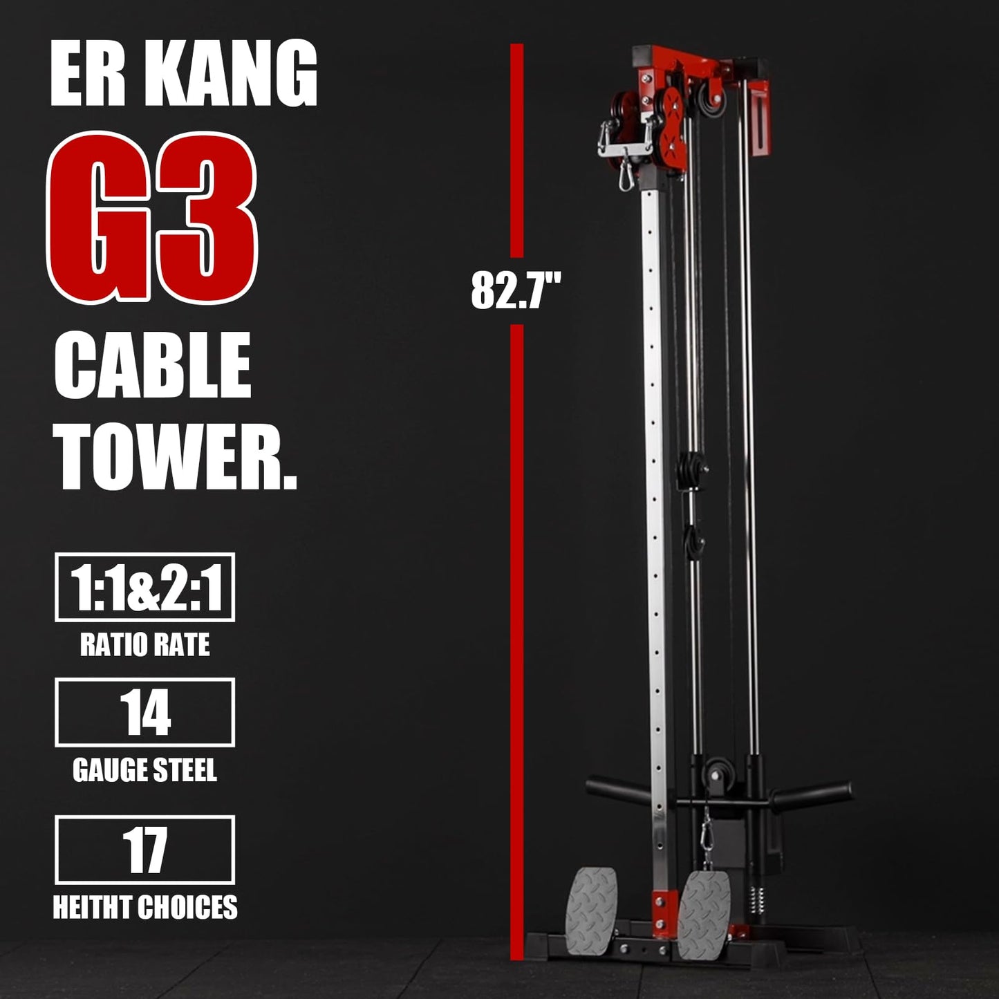 ER KANG Cable Station Wall Mount, 18 Height Pulley Tower, Dual Pulley System, High and Low Cable Machine, LAT Pull-Down & LAT Row LAT Tower with Flip-Up Footplate, Home Gym Cable Crossover(Red)