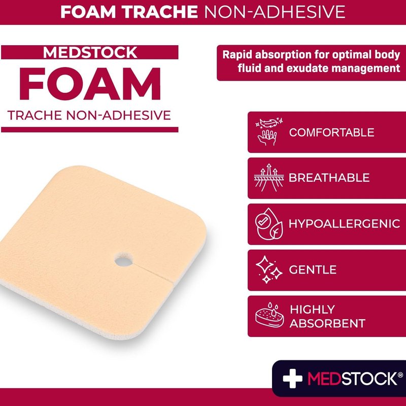 MEDSTOCK Foam Non-Adhesive Tracheostomy Dressing, TRACHY, 3.5"x3.5" (Pack of 10), Wound Care, High Absorption, Stoma Management, Drain Management, CMC Granules