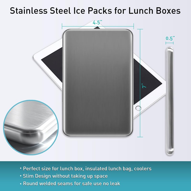 Stainless Steel Ice Packs for Lunch Box, Set of 2 Long Lasting Freezer Packs for Coolers, Reusable Metal Ice Packs for Camping to Keep Food and Drinks Fresh and Cool (SS-2 Pack)