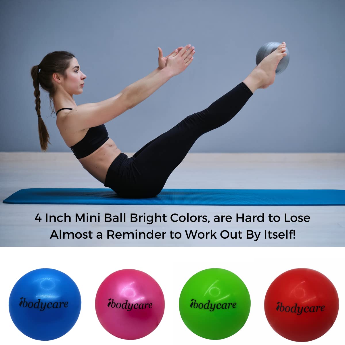 ibodycare Pilates 4" (10cm) Accessory Mini Ball for AeroPilates, Yoga, Fitness, Strength, Pilates Reformer or Mat Pilates (Blue-with-Pump)