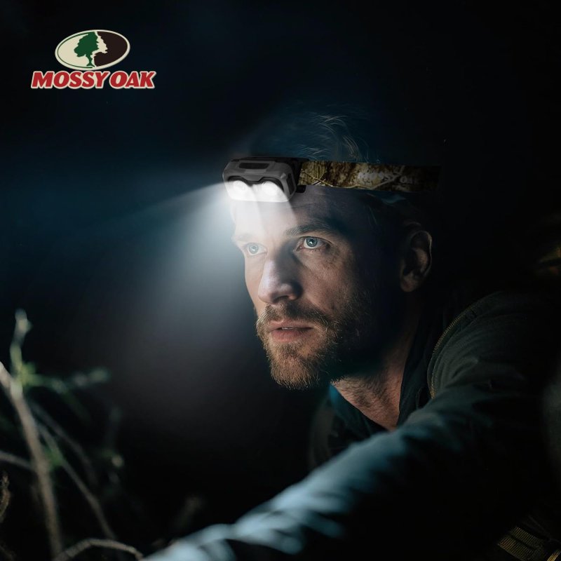 Mossy Oak 600 Lumens Rechargeable Headlamp, Lightweight LED Headlight with White & Red Light, Waterproof Head Lamp with Non-Slip Band, Dimmable & Memory Function for Hunting, Camping, Power Outage
