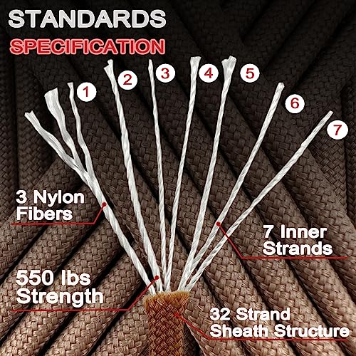 VVAAGG 550 Paracord 100FT, Heavy-Duty Strong Rope, 4mm Parachute Cord, Outdoor Camping Gear Tent Rope Tan