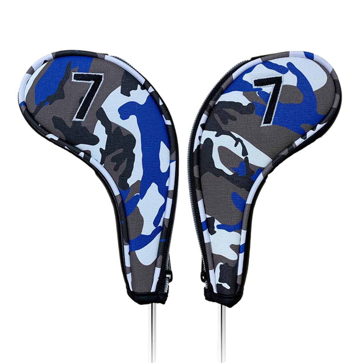 9pcs PU Leather Camouflage Blue Zipper Long Neck Design Golf Iron Headcovers Both Side Number Golf Iron Club Head Cover LH RH Covers #4-9,P,S,A