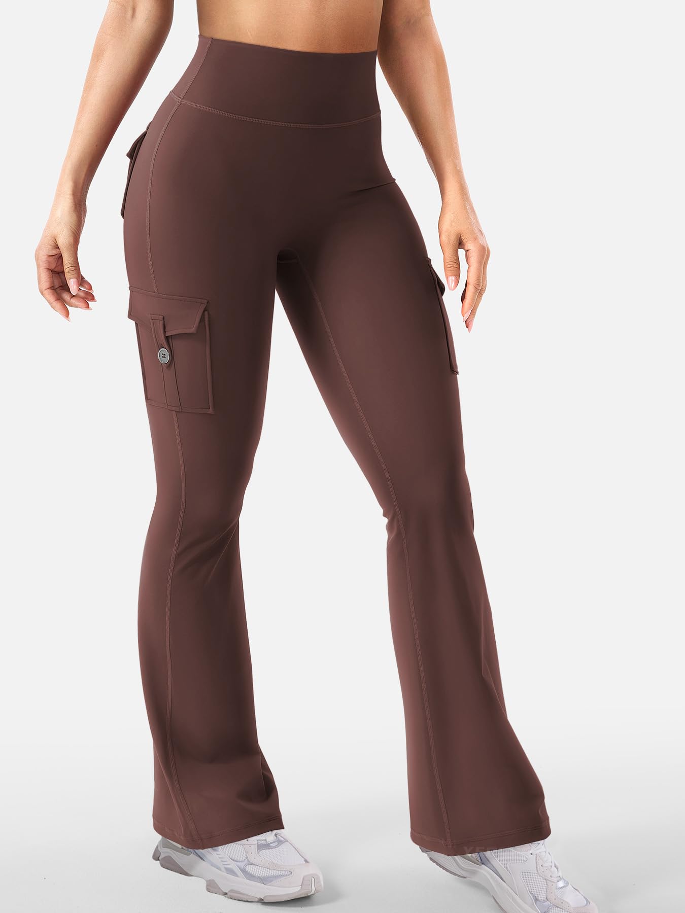 YEOREO CoreFlex Women Workout Flare Leggings with Pockets Hidden Scrunch High Waisted Cargo Gym Yoga No Front Seam Leggings Chocolate XS