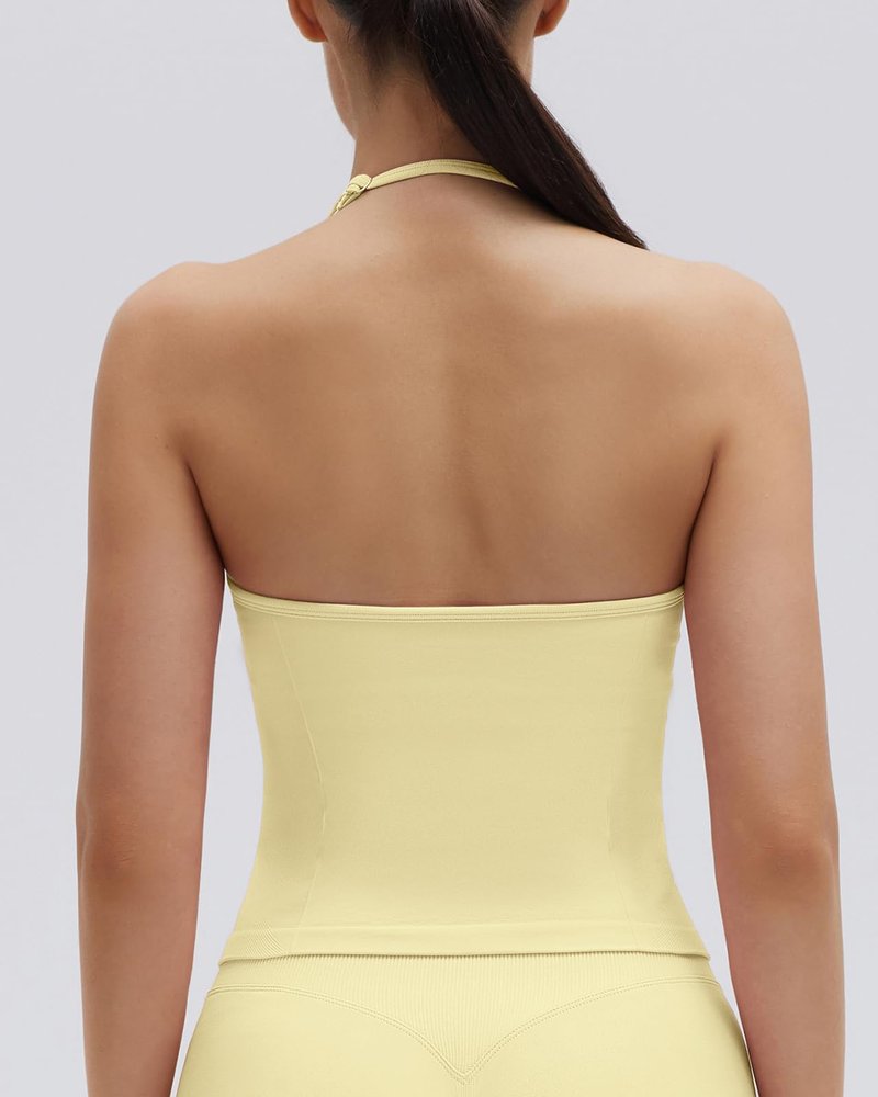 SUUKSESS Impact Longline Strappy Top Halter Workout Top for Women Padded Backless Sport Gym Tank with Adjustable Strap (Pale Yellow, XS)