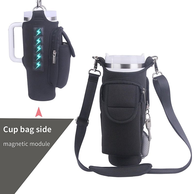 GHJTFC 40OZ Magnetic Water Bottle Carrier Bag, Compatible with Stanley Cup, with 5 Strong Magnets, Detachable Shoulder Strap, Hand Strap and Multiple Storage Pouches (Black)
