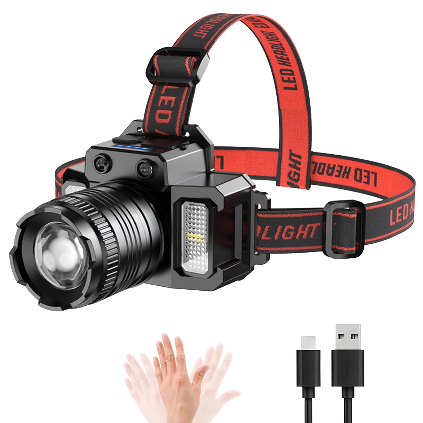 Wrrozz Headlamp Rechargeable Head Lamp LED, Super Bright Motion Sensor Head Light with Red/White/Blue Light, Waterproof Adults Forehead Flashlight Headlight for Camping, Running, Hiking, Fishing