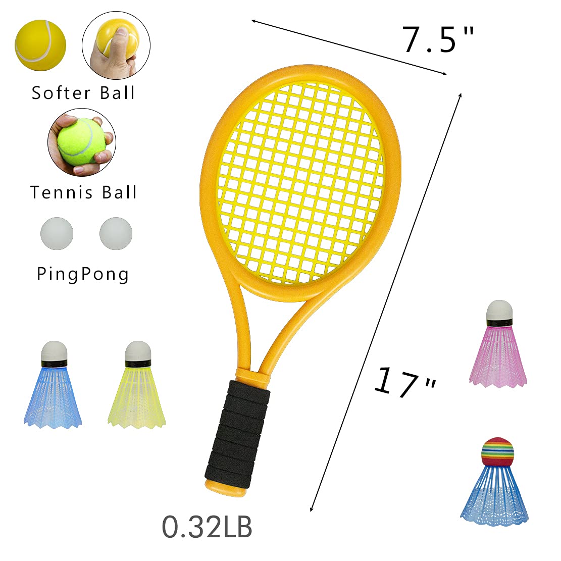 Kids Tennis Rackets with Carrying Bag,Soft Training Balls and Badminton Birdies,12 in 1 Tennis Racquets Gift Set for Children Outdoor Indoor Sports (Green+Yellow,Plastic,17inch)