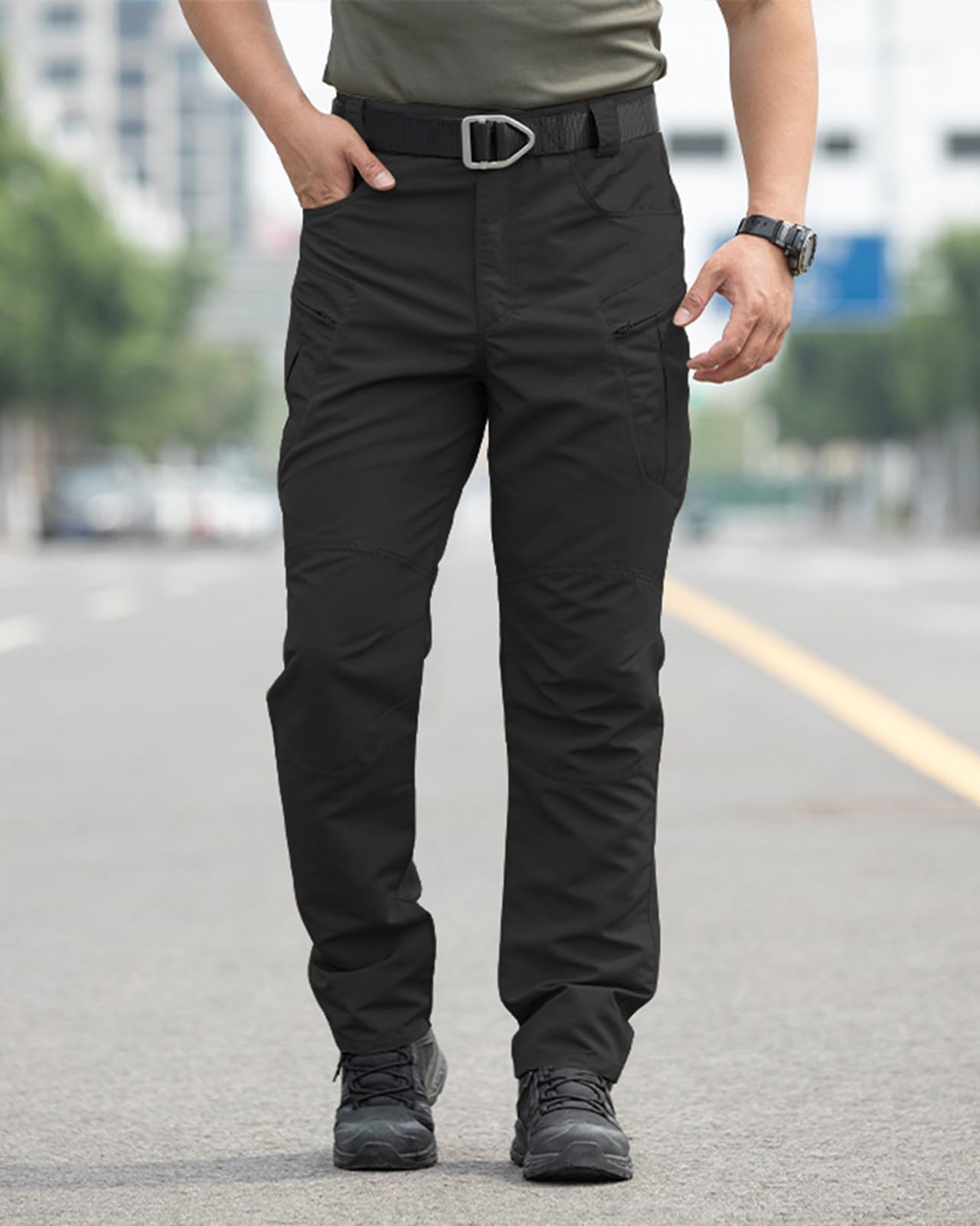 Men's Stretch Tactical Pants,Water Resistant Ripstop Cargo Pants, Lightweight Outdoor Work Hiking Pants with Multi Pockets (No Belt),Black