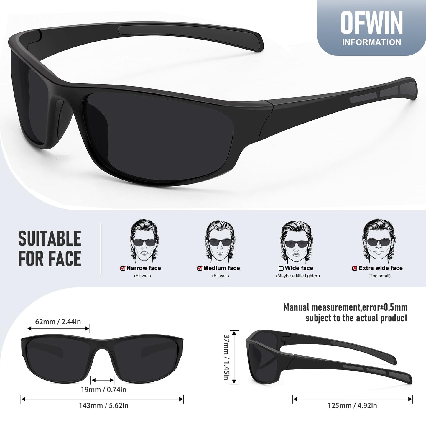 Ofwin Sports Polarized Sunglasses for Men Women Wrap Around Sun Glasses Fishing Cycling Driving Running UV Protection Black