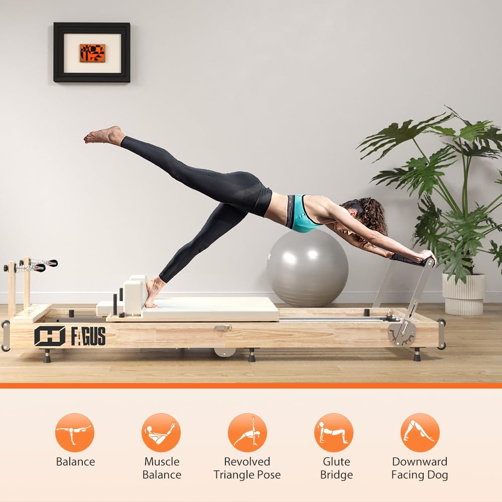 FAGUS H Foldable Pilates Reformer Machine, Wooden Pilates Reformer Workout Machine for Studio Home Gym Yoga Workouts with Reformer Accessories, Reformer Box, Padded Jump Board, Burlywood/White Pad