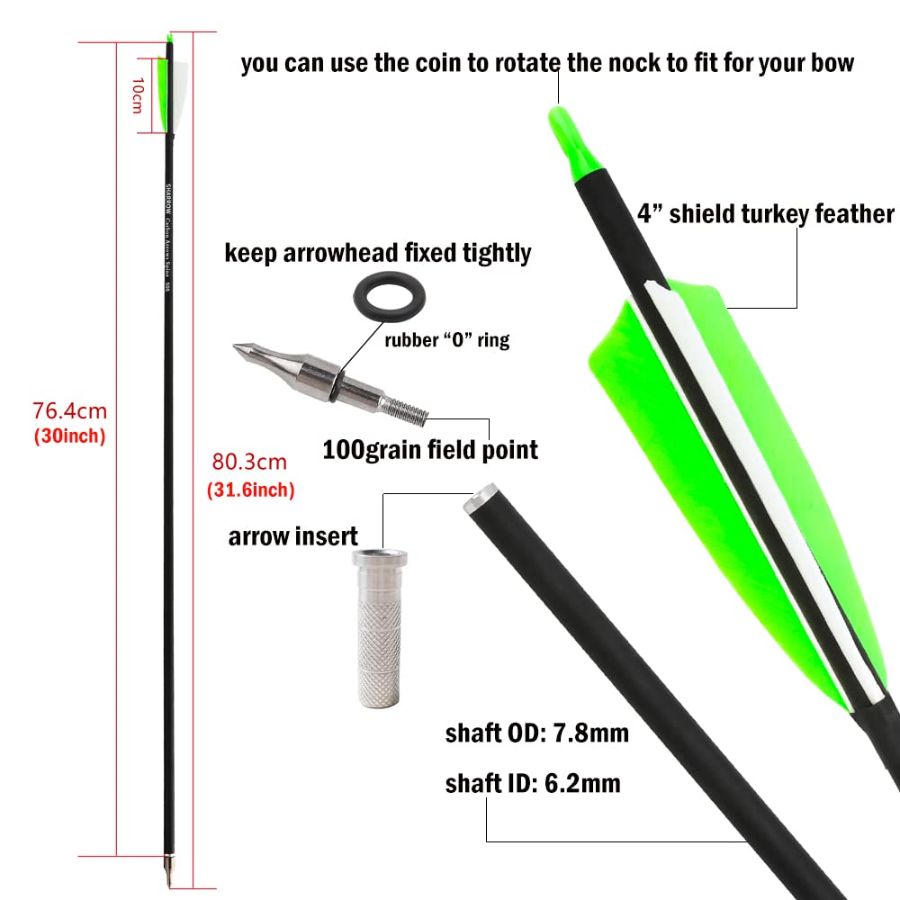 ZSHJGJR 30 Inch Archery Carbon Arrows Hunting Arrows with 4” Turkey Feather Target Practice Arrows Spine 500 for Compound & Recurve &Traditional Bow 6/12pcs (6 x Green Arrows)