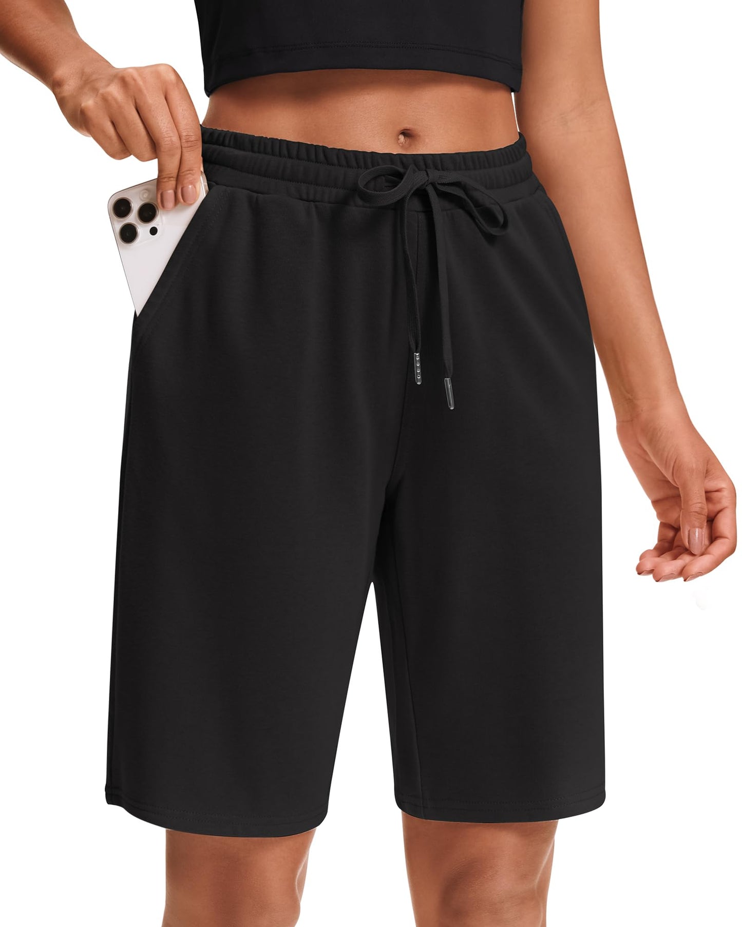 Stelle Women's Cotton Bermuda Shorts 10" Long Knee Length Comfy Sweat Shorts with Deep Pockets Lounge Casual Summer (Black, XL)