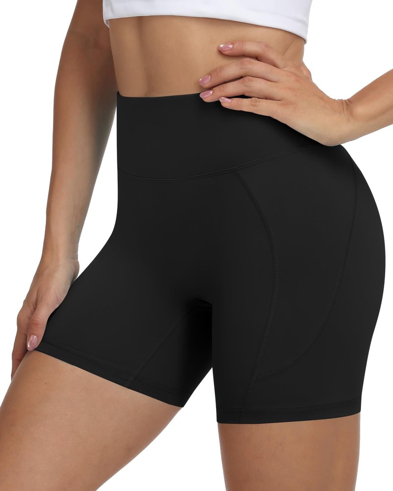 Moozava Womens 5" Athletic Biker Shorts with PocketHigh Waisted Tummy Control Non See Through Spandex Booty Shorts for Workout Yoga Gym Running Black M