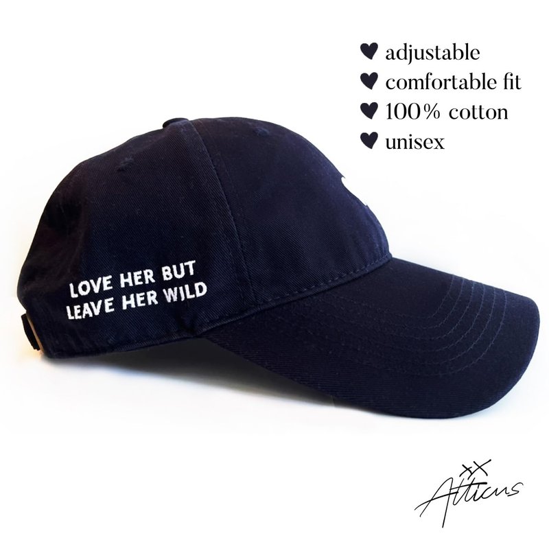 ATTICUS Poetry Hat, Embroidered Brushed Cotton Women’s Baseball Hat Unisex Fit, Adjustable One Size (Heart Navy)