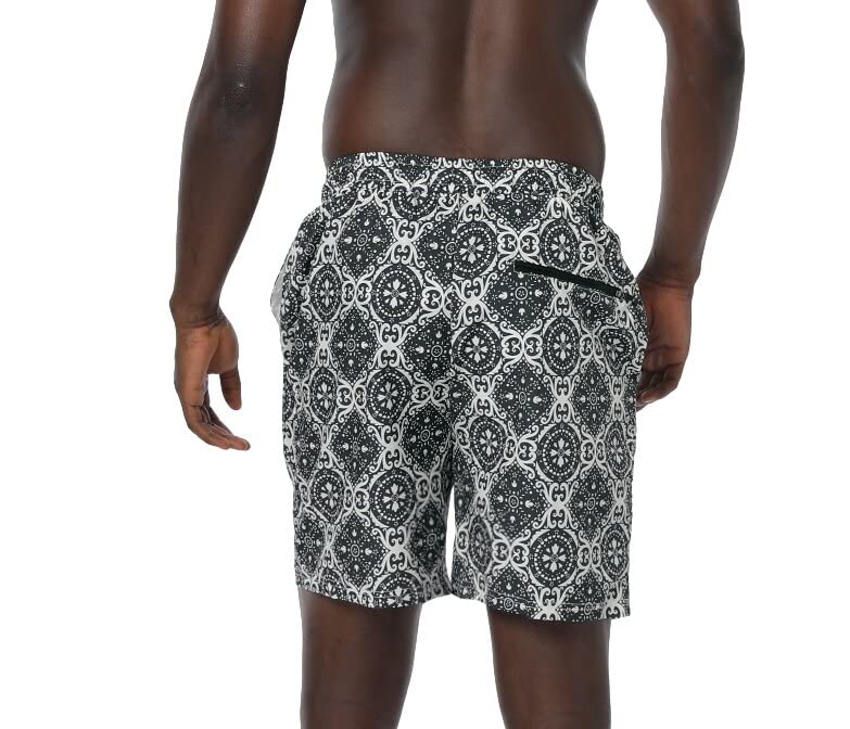 Ferriweel Men's Swim Trunks Quick Dry Swimwear Printed Beach Shorts with Compression Liner Zipper Pocket Grey X-Large