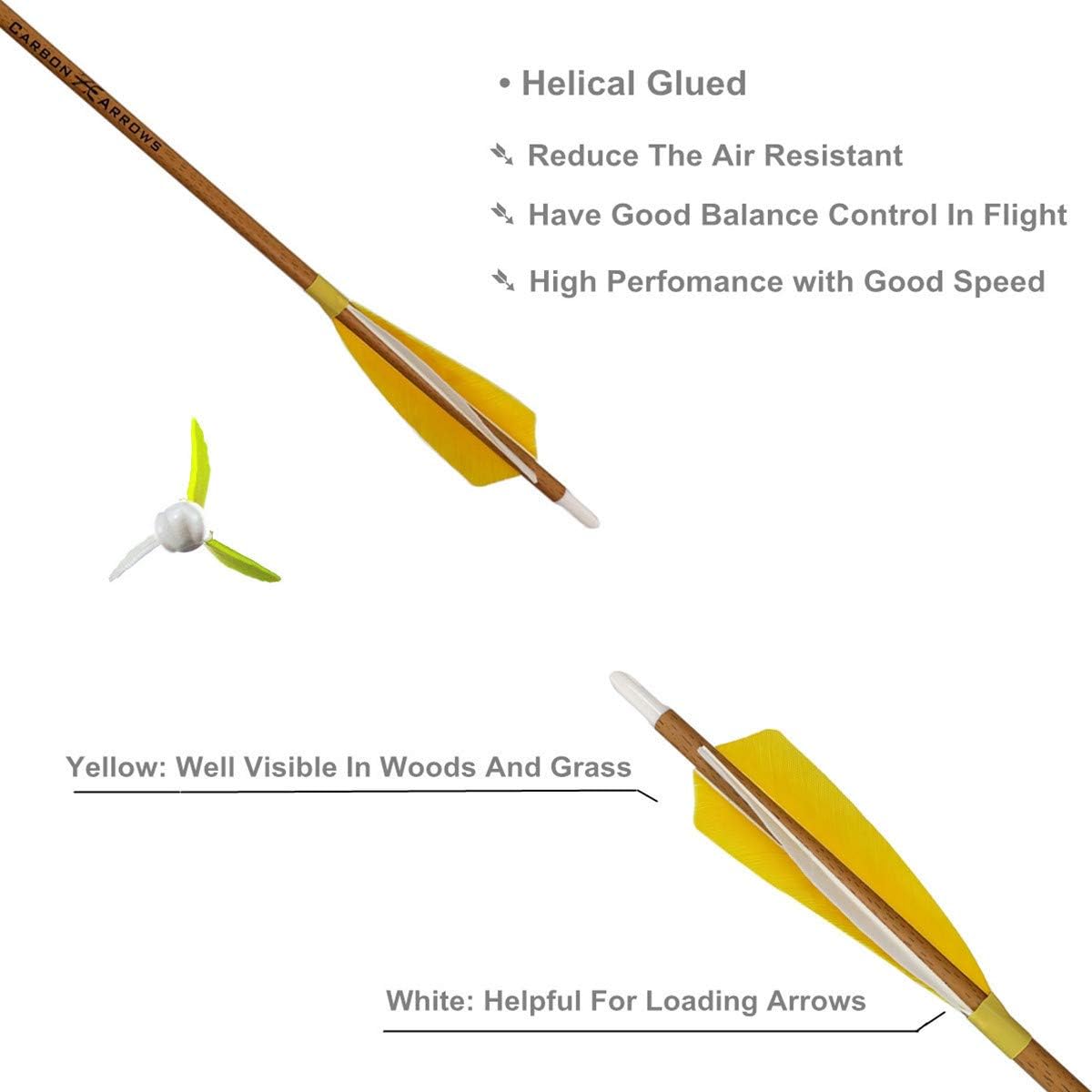 Archery Carbon Arrows - 500 Spine with Helical Real Feathers & Removable Tips | 6 Pack for Compound & Recurve Bows