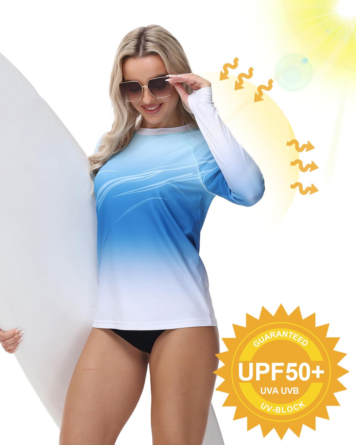 UPSOWER Rash Guard for Women UV Protection Swim Shirts Long Sleeve Quick Dry Water Surfing Swimming Tops Swimsuit with Thumb Hole(Blue XL)