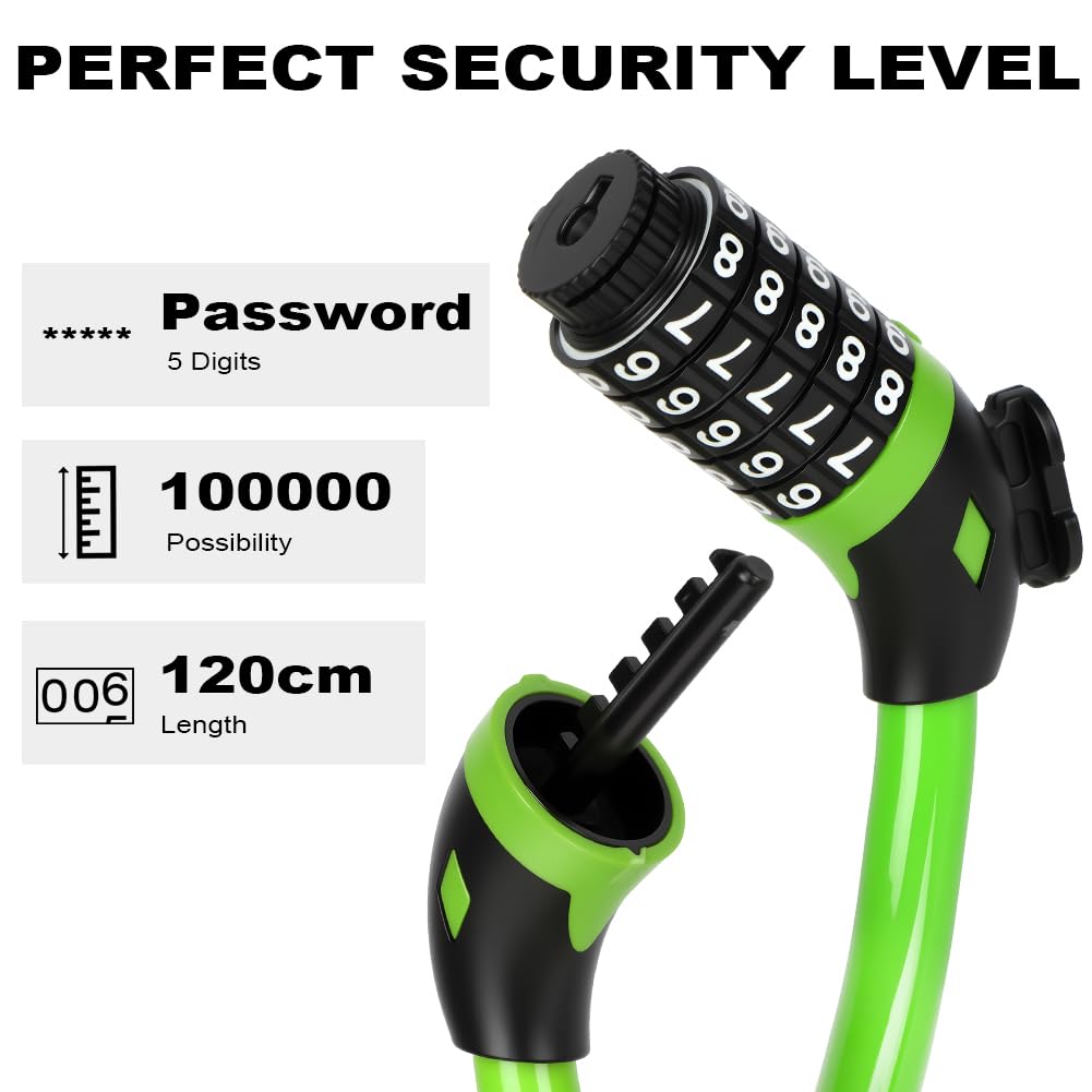 Ainiv Bike Lock, 4 FT/120cm Bike Lock Cable with Mounting Bracket, Portable Anti Theft 5 Digits Codes Cable Locks, Resettable Combinations Bicycle Lock for Bike, Motorbike, Scooter, Gate(Green)