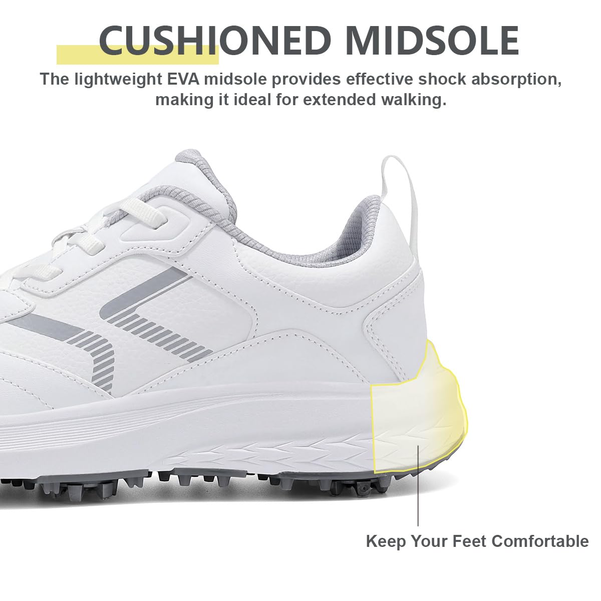DARIBOM Mens Golf Shoes Spiked Non Slip Waterproof Golf Sneakers with Leather Upper Size 10.5(White)