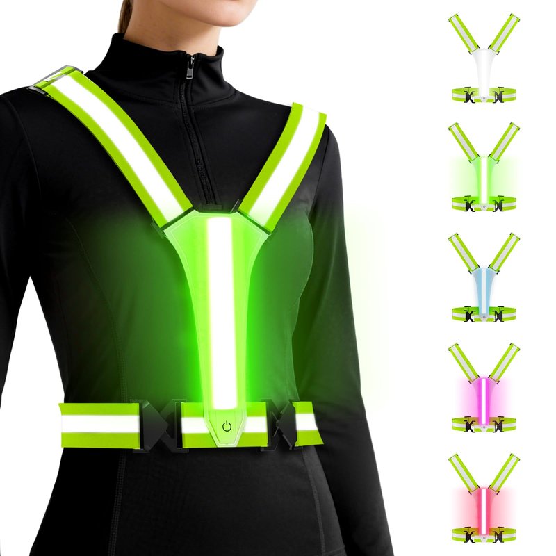 ConKrian LED Reflective Vest Running Gear, 5 Lights Colors, 3 Modes, Adjustable for Running, Cycling, Walking - Led Running Vest for Men, Women, Kids(Pink)