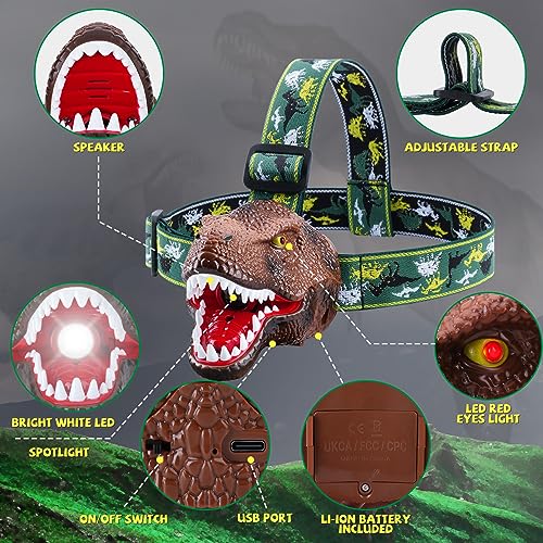 Nitigo Dinosaur Headlamp for Kids Flashlight Rechargeable Led Headlights Roar & Silent Mode, T-Rex Dinosaur Toys, Camping Gear, Gifts for Boys Girls Adults