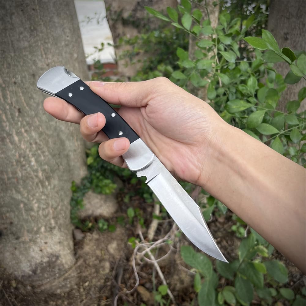 TrailTough 8.54'' Portable Lockback Manual Opening Folding Knife，3.3'' D2 Steel Blade，G10 Handle with Black Leather Sheath，EDC Pocket Knife for Men Women,Sharp Camping Fishing Hiking Knives