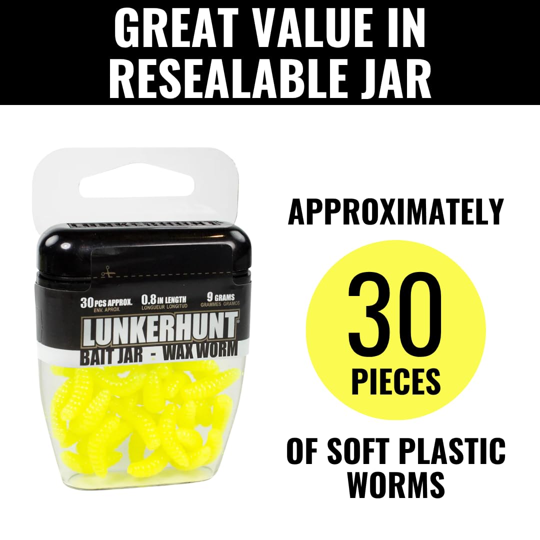 LUNKERHUNT Wax Worm Fishing Bait Jar with Unique Attractant | Durable Wax Worms for Fishing Bass, Fishing Lures Trout and Pike (Yellow)