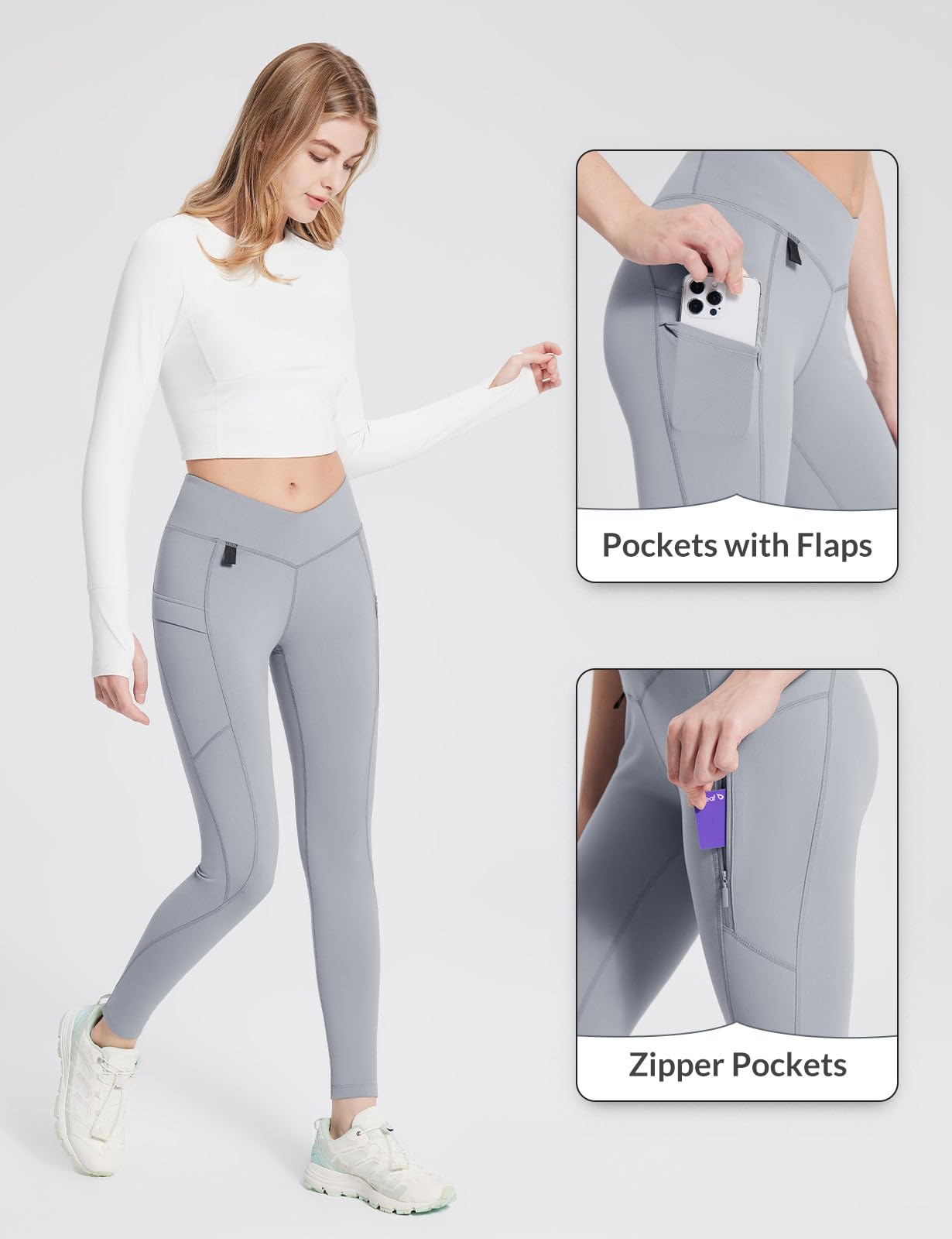 baleaf Women's Thermal Waterproof Leggings Fleece Lined Winter Hiking Pants with Pockets High Waisted Running Tights for Cold Weather Frost Gray M