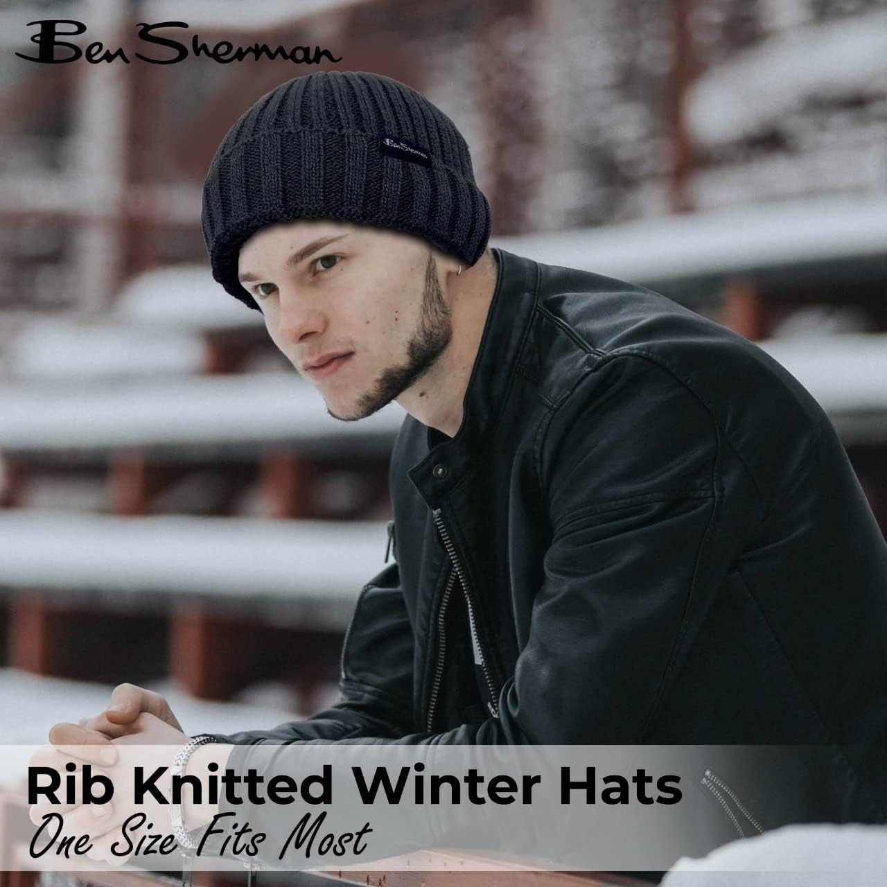 Ben Sherman Rib Knitted Mens Hats - 1-Pack Cuffed Winter Hat with Fur Lining - Warm Plush Lined Beanie Hat, Navy