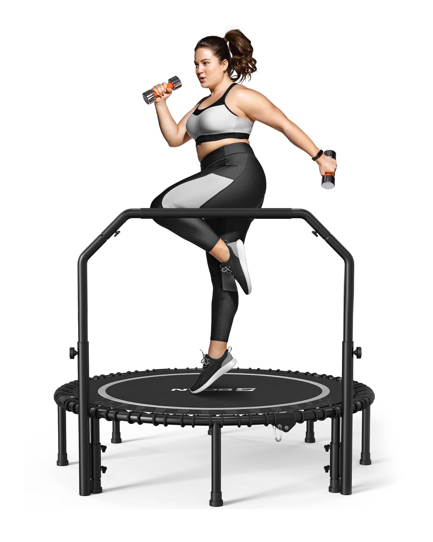 BCAN 550 LBS Foldable Mini Trampoline, 48" Fitness Trampoline with Adjustable Handle Bar, Bungees, Stable & Quiet Exercise Rebounder for Kids Adults Indoor/Garden Workout-Silver