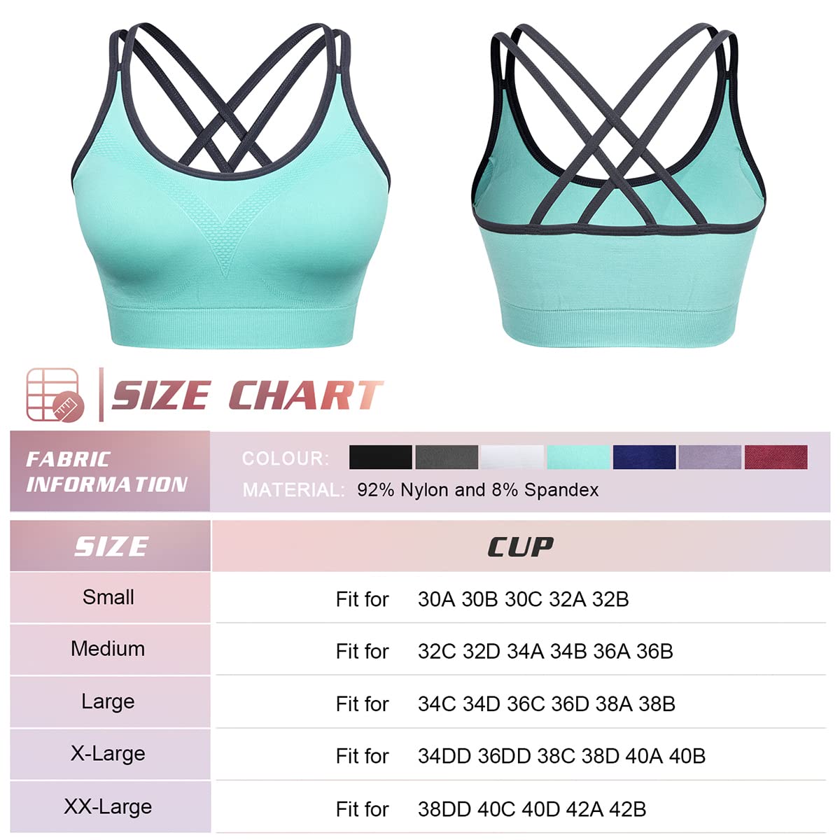 VEQKING Strappy Women Sports Bra Cross Back Yoga Sport Bras Removable Padded Workout Bras for Running Training Gym Fitness Exercise