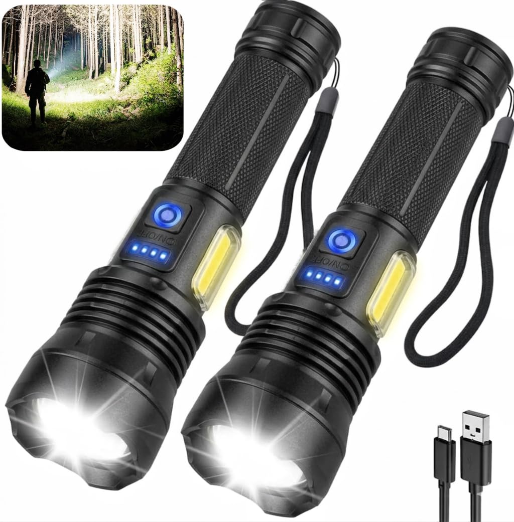 THY TRY Rechargeable Flashlight 90,000 High Lumens, 2 Pack Bright Flashlights with 7 Modes, Powerful Flash Light for Home, Hiking, Camping