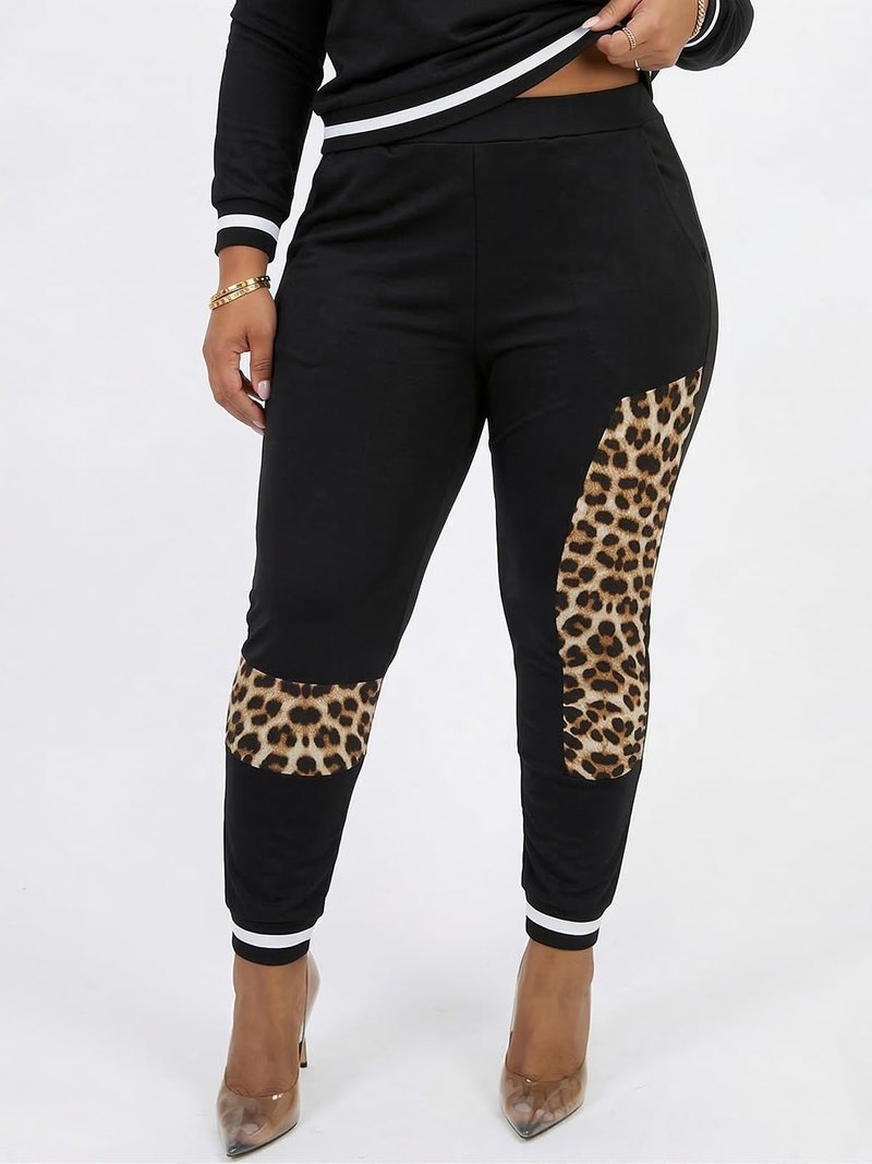 Alunzoem Womens Casual 2 Piece Outfits, Leopard Print Long Sleeve Top Pants Set Tracksuits Black XXL