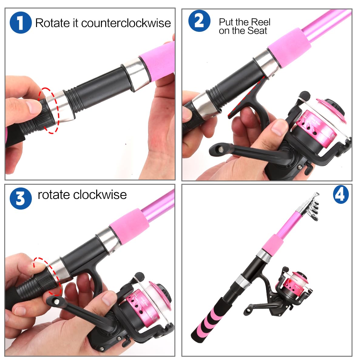 Yoilreyl Kids Fishing Rod and Reel Combo Push Button Small Collapsible Telescopic Fishing Pole Kit Beginner Youth Girls Fishing Starter Set Tackle (Spinning Rod, 5.91FT,Pink)