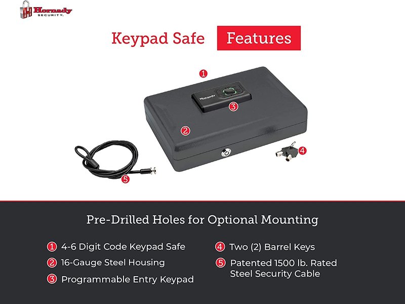 Hornady Handgun Vault Safe with Keypad Entry – Secure Your Firearms and Valuables – 4-6 Keypad Entry, Interior Light and Backup Keys – Black, 12 (H) x 8.3 (W) x 2.6 (D) Inches – Item 95432