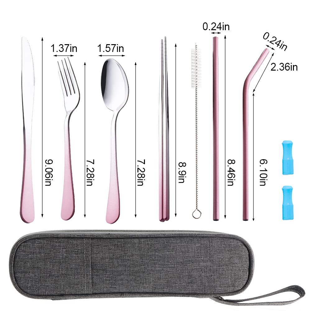 Travel Utensils Set with Case Reusable Portable Cutlery Set Stainless Steel 8pcs Including Dinner Knife Fork Spoon Chopsticks straws(Gradient Pink)