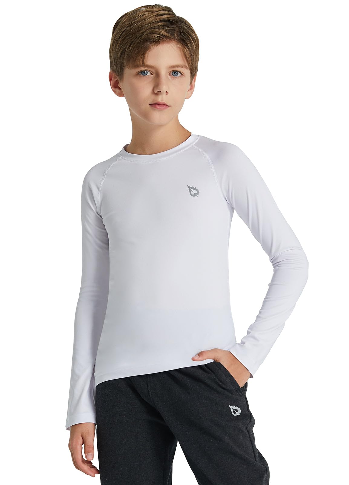 baleaf Boys Compression Shirt Long Sleeve Youth Undershirts Kids Football Baseball Baselayer Cold Gear Quick Dry White Size M