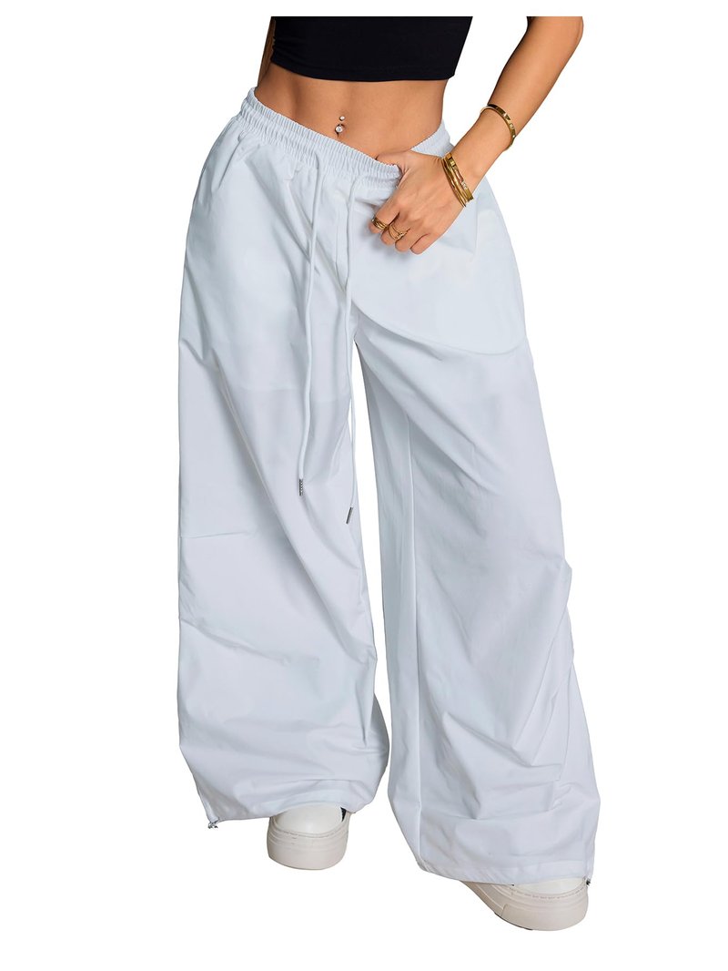 SHENHE Women's Y2k Low Rise Baggy Pants Wide Leg Drawstring Elastic Waist Track Pants Trousers White Large