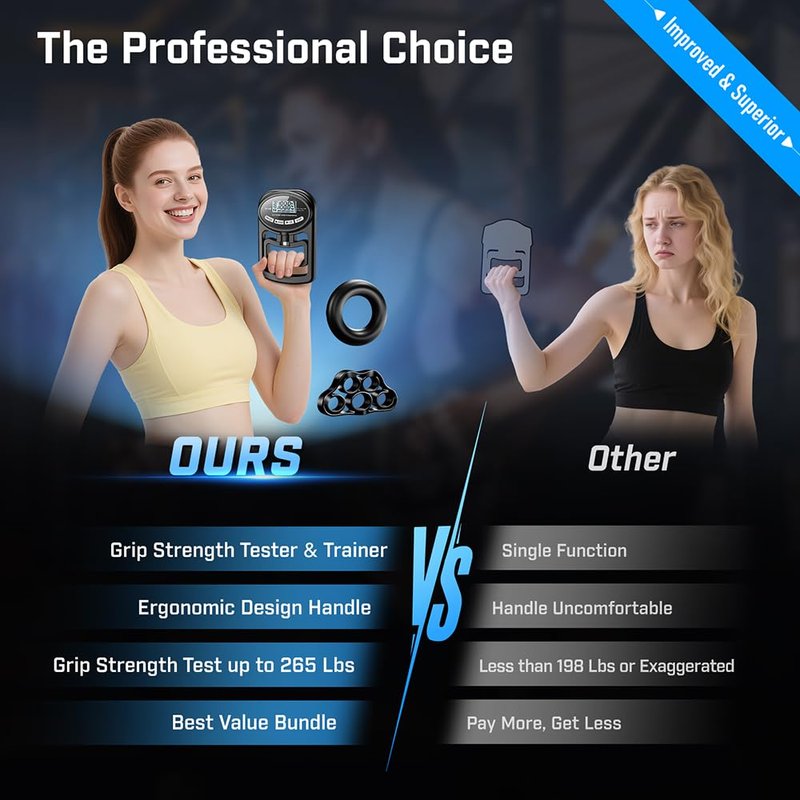 Grip Strength Tester & Trainer - Digital Hand Dynamometer, Adjustable Forearm Strengthener up to 265lbs /120kg, Handheld Gauge Meter for Sports Training, School & Home Use