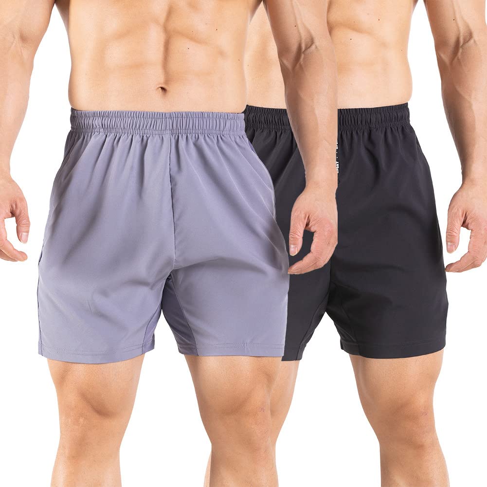 Gaglg Men's 5" Running Shorts 2 Pack Quick Dry Athletic Workout Gym Shorts with Zipper Pockets Black/Gray,Small